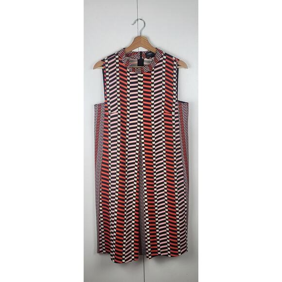 MARELLA Stripe Pleated A-Line Geometric Print Shift Silky Dress Black Orange | 8 - Picture 15 of 16